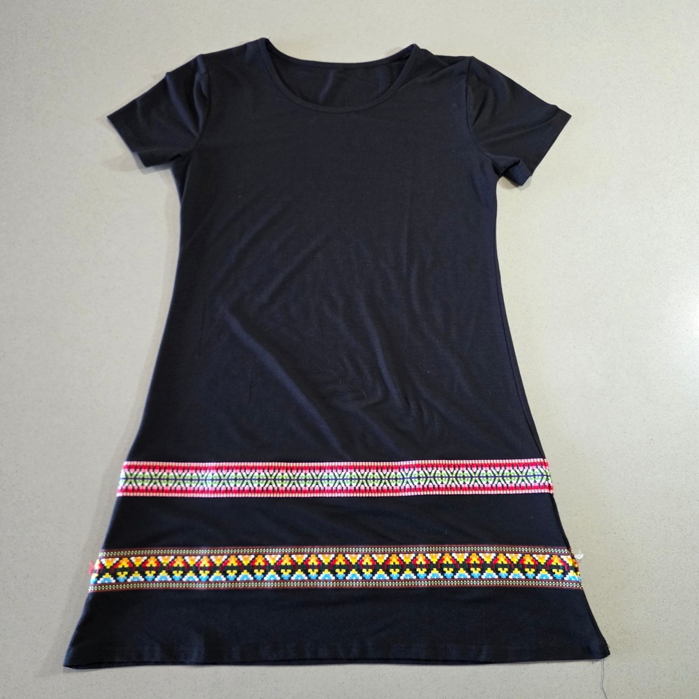 Black Short Sleeve Embroidered Boho A-Line T-Shirt Dress Size Medium